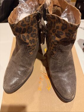 Women’s Taupe Suede Ankle Boots with Leopard Cuff